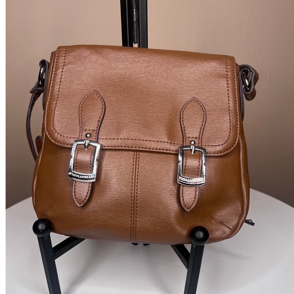Tignanello Brown Leather Double Buckle Flap Crossbody Bag Messenger Purse